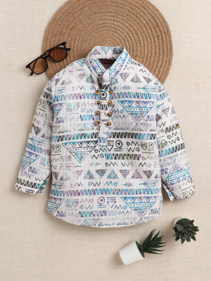 Ahhaaaa Boys' Ethnic Printed Cotton Blend Full Sleeve Kurta Shirt - Casual Traditional Wear for Kids