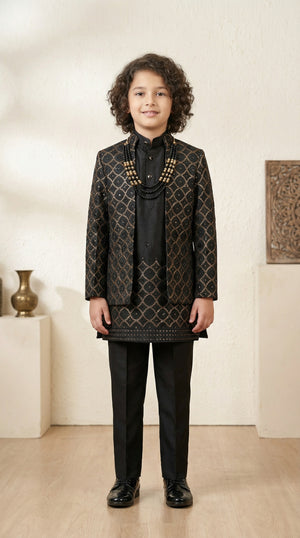 Ahhaaaa Boys 3-Piece Indo-Western Set with Embroidered Jacket & Kurta - Black, Pink, White (2-11 Years) Black