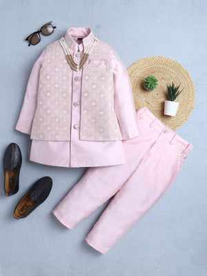 Ahhaaaa Boys Jacquard Sherwani Set | Gold, Pink, Green | Ethnic Party Wear 2-11Y Pink