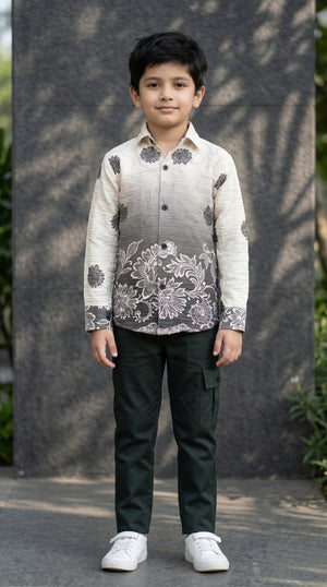 Ahhaaaa Boys Designer Textured Ombre Floral Shirt & Cargo Pant Set - Blue, Grey, Purple (2-8 Years) Gray