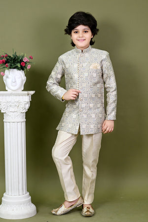 Ahhaaaa Boys Printed Jacquard Indo Western Sherwani Set Jodhpuri Suit Style Kurta Pyjama for kids Beige