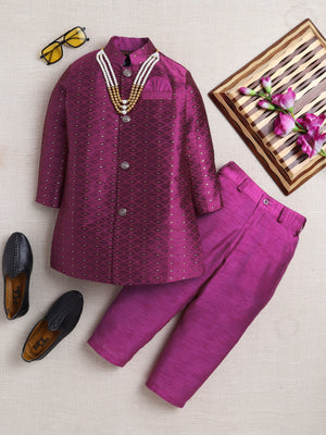 Ahhaaaa Woven Self-Design Boys Sherwani in Bottle Green | Kids Kurta Pajama Set with Mala for Festive Party Purple