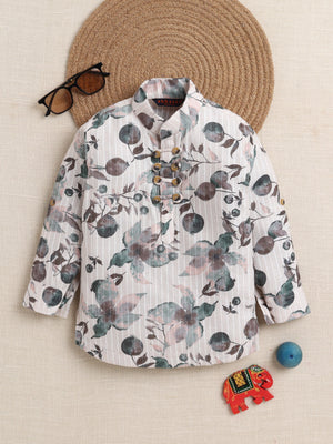 Ahhaaaa Boys' Ethnic Printed Cotton Blend Full Sleeve Kurta Shirt - Casual Traditional Wear for Kids Green