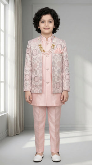 Ahhaaaa Boys' Royal Ethnic Printed Blazer with Sleeveless Kurta, Trouser & Maala Set (2-10 Years) Pink