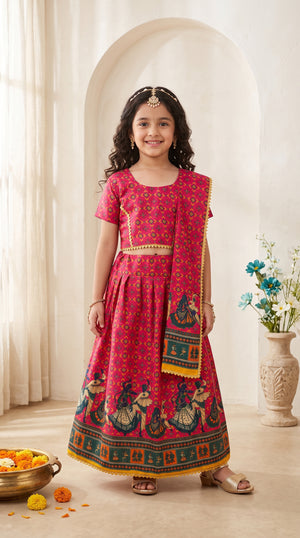 Ahhaaaa Girls' Traditional Dandiya Print Chaniya Choli | Festive Lehenga Blouse & Draped Dupatta 3-Piece Set Pink