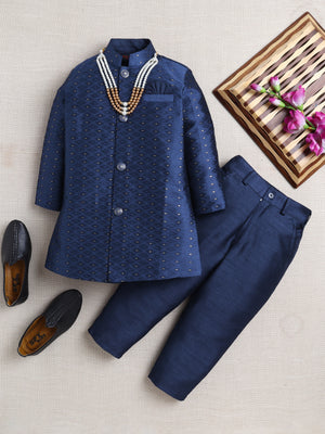 Ahhaaaa Woven Self-Design Boys Sherwani in Bottle Green | Kids Kurta Pajama Set with Mala for Festive Party Navy