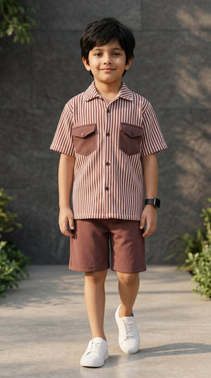 Ahhaaaa Boys 2-Piece Striped Textured Co-ord Set - Shirt & Shorts (Green, Pink, Grey) Pink