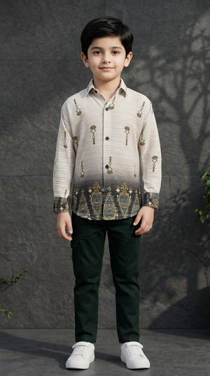 Ahhaaaa Boys Textured Ombre Drop Motif Shirt & Cargo Pant Set - Brown, Green, Pink (2-8 Years) Dark Green