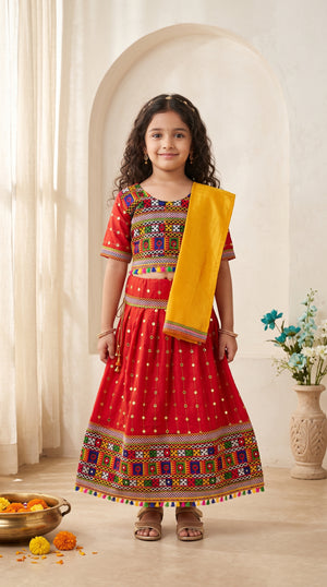 Ahhaaaa Girls' Traditional Dandiya Print Chaniya Choli | Festive Lehenga Blouse & Draped Dupatta 3-Piece Set Red