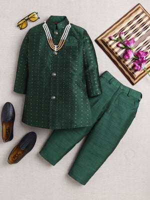 Ahhaaaa Woven Self-Design Boys Sherwani in Bottle Green | Kids Kurta Pajama Set with Mala for Festive Party Dark Green