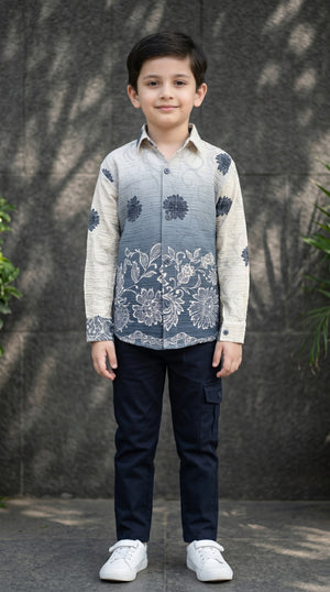 Ahhaaaa Boys Designer Textured Ombre Floral Shirt & Cargo Pant Set - Blue, Grey, Purple (2-8 Years) Blue