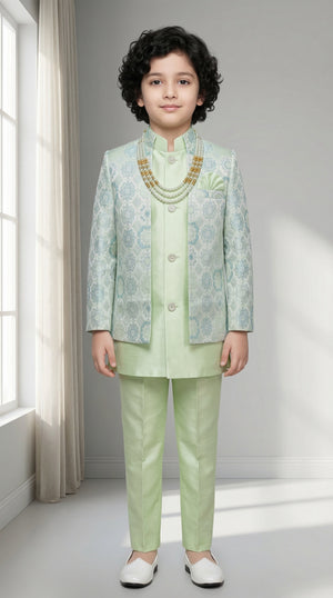 Ahhaaaa Boys' Royal Ethnic Printed Blazer with Sleeveless Kurta, Trouser & Maala Set (2-10 Years) Green