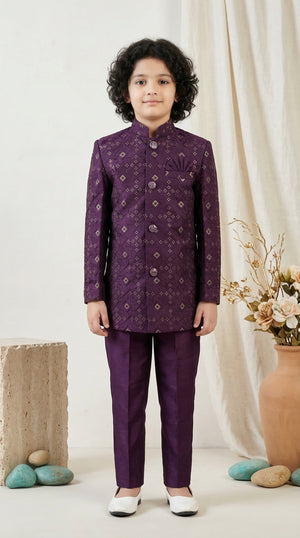 Ahhaaaa Boys Designer Jodhpuri Bandhgala Suit Set - Wine, Pink, Cream (2-11 Years) Wine
