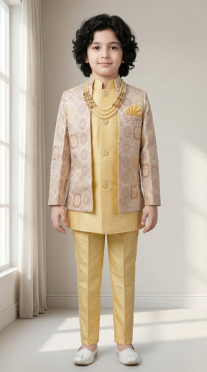 Ahhaaaa Boys' Royal Ethnic Printed Blazer with Sleeveless Kurta, Trouser & Maala Set (2-10 Years) Gold
