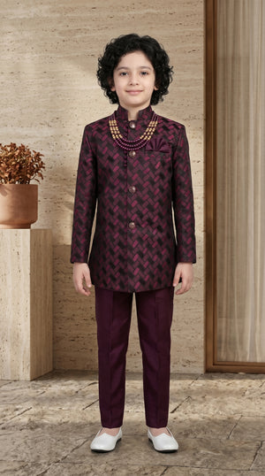 Ahhaaaa Boys Designer Basket-Weave Jodhpuri Suit Set - Wine, Green, Navy (2-11 Years) Wine