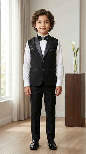 Ahhaaaa Boys' Black Party Wear Tuxedo Suit | Waistcoat, White Shirt & Pant Set
