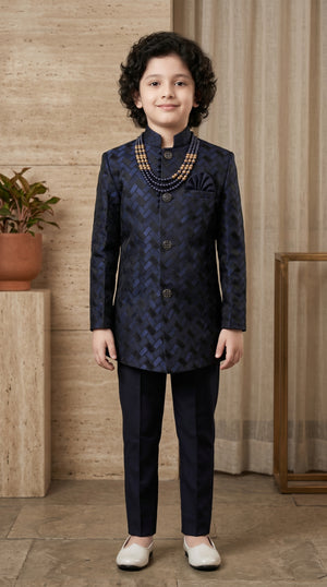 Ahhaaaa Boys Designer Basket-Weave Jodhpuri Suit Set - Wine, Green, Navy (2-11 Years) Navy