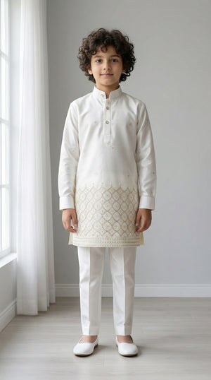 Ahhaaaa Boys Premium Viscose Kurta Set: Elegant Embroidered Festive Wear for Ages 2-11 White