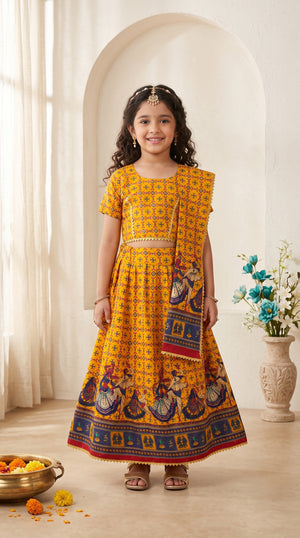 Ahhaaaa Girls' Traditional Dandiya Print Chaniya Choli | Festive Lehenga Blouse & Draped Dupatta 3-Piece Set Yellow