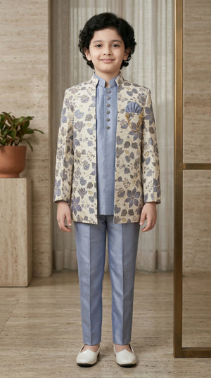 Ahhaaaa Boys 3-Piece Floral Zari Jacket, Sleeveless Kurta & Trouser Set - Blue, Pink, Turquoise Blue