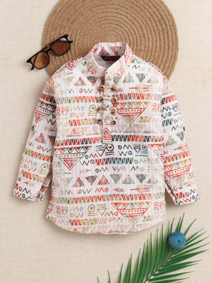 Ahhaaaa Boys' Ethnic Printed Cotton Blend Full Sleeve Kurta Shirt - Casual Traditional Wear for Kids Red