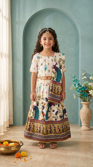 Ahhaaaa Girls' Peacock Kalamkari Print Chaniya Choli | Festive Lehenga Blouse & Draped Dupatta 3-Piece Set Blue