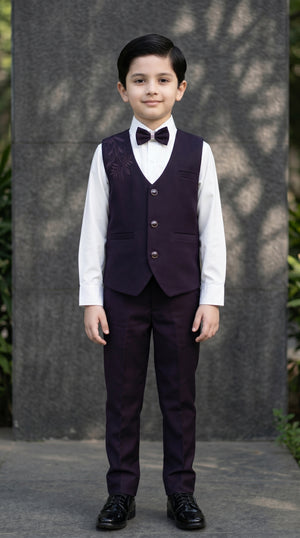 Ahhaaaa Boys 3-Piece Formal Waistcoat Suit Set with Shirt & Bow Tie - Black, Navy, Wine (2-8 Years) Wine