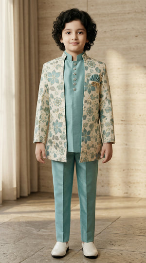 Ahhaaaa Boys 3-Piece Floral Zari Jacket, Sleeveless Kurta & Trouser Set - Blue, Pink, Turquoise Turquoise Blue