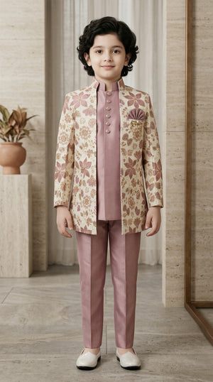 Ahhaaaa Boys 3-Piece Floral Zari Jacket, Sleeveless Kurta & Trouser Set - Blue, Pink, Turquoise Pink