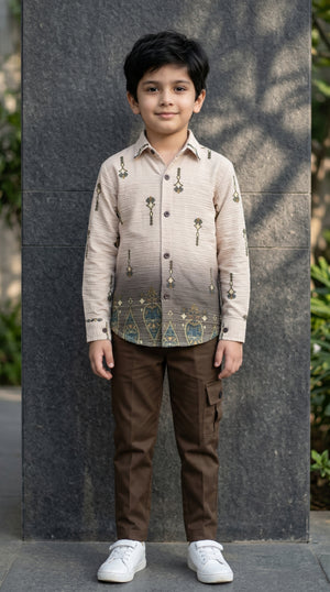 Ahhaaaa Boys Textured Ombre Drop Motif Shirt & Cargo Pant Set - Brown, Green, Pink (2-8 Years) Brown