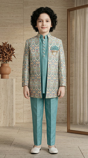 Ahhaaaa Boys Designer Indo-Western Jacket Set with Brooch & Jeweled Buttons (2-11 Years) Blue
