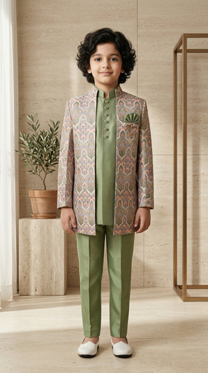 Ahhaaaa Boys Designer Indo-Western Jacket Set with Brooch & Jeweled Buttons (2-11 Years) Green