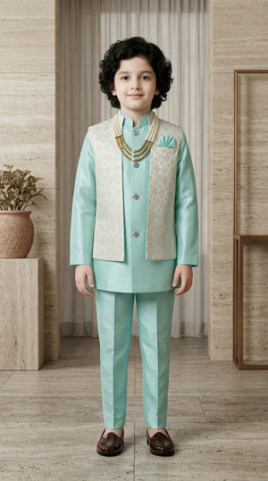 The Royal Diamond Collection: Boys 2-Piece Attached Indo-Western Set Turquoise Blue
