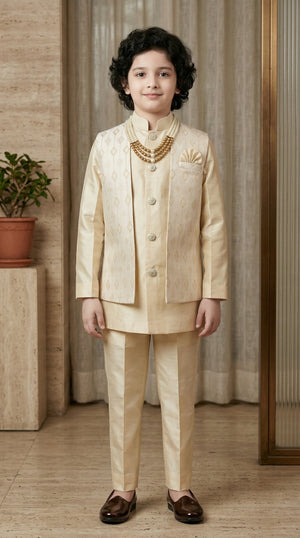 Ahhaaaa Boys 2-Piece Attached Jacket & Kurta Set with Diamond Motifs Gold