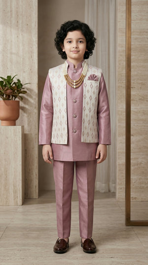 Ahhaaaa Boys 2-Piece Attached Jacket & Kurta Set with Diamond Motifs Lavender