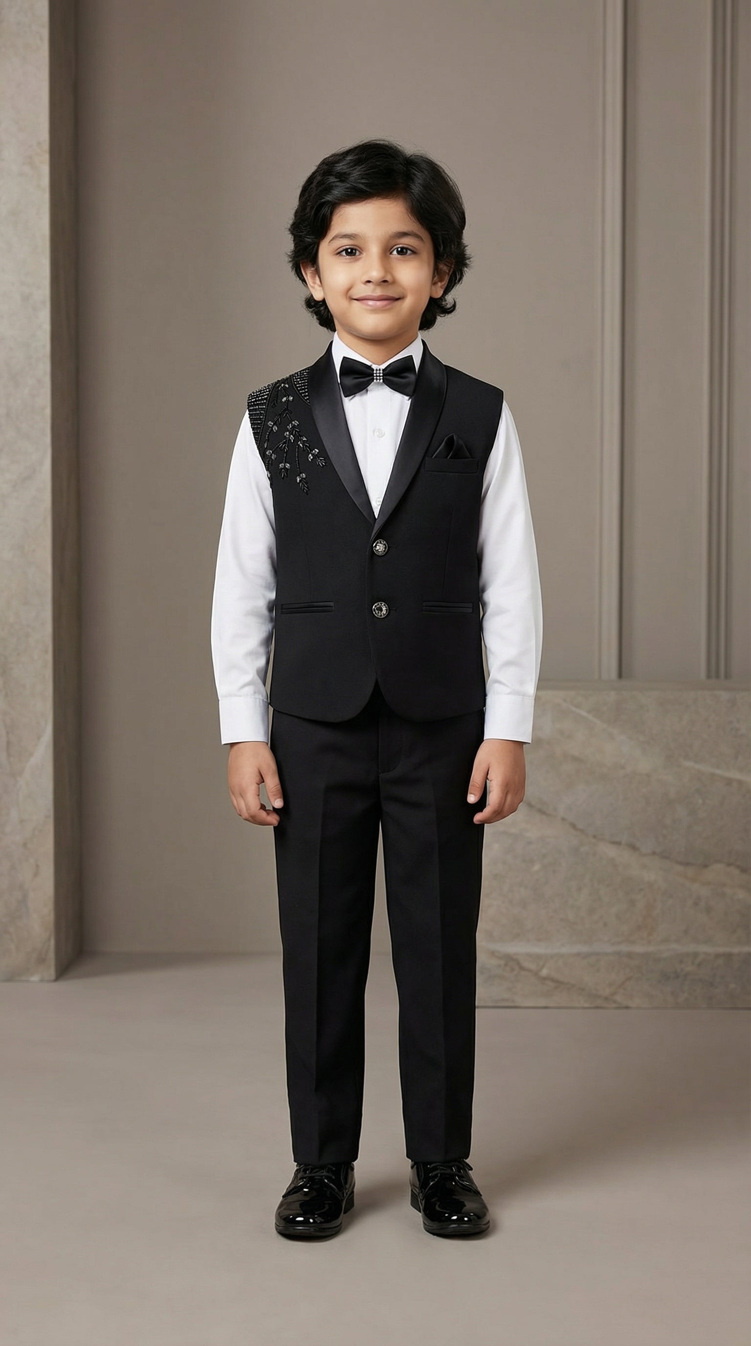 Ahhaaaa Boys Premium Black Japani Silk Tuxedo Set with Sequin Detail (2-8 Years)