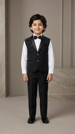 Ahhaaaa Boys Premium Black Japani Silk Tuxedo Set with Sequin Detail (2-8 Years)