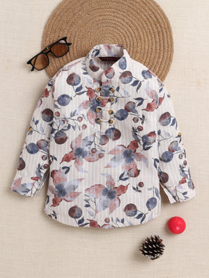 Ahhaaaa Boys' Ethnic Printed Cotton Blend Full Sleeve Kurta Shirt - Casual Traditional Wear for Kids Cream