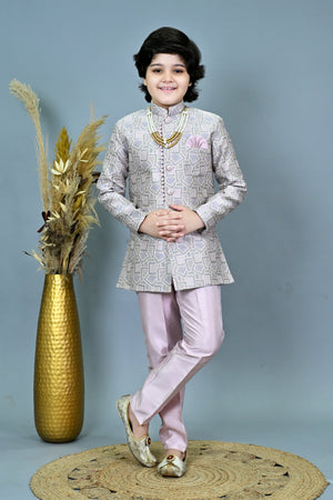 Ahhaaaa Boys Printed Jacquard Indo Western Sherwani Set Jodhpuri Suit Style Kurta Pyjama for kids Pink