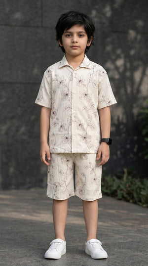 Ahhaaaa Boys 2-Piece Botanical Line-Art Co-ord Set - Shirt & Shorts (Green, Grey, Purple) Gray