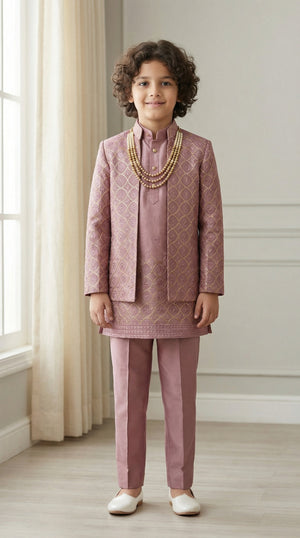 Ahhaaaa Boys 3-Piece Indo-Western Set with Embroidered Jacket & Kurta - Black, Pink, White (2-11 Years) Pink