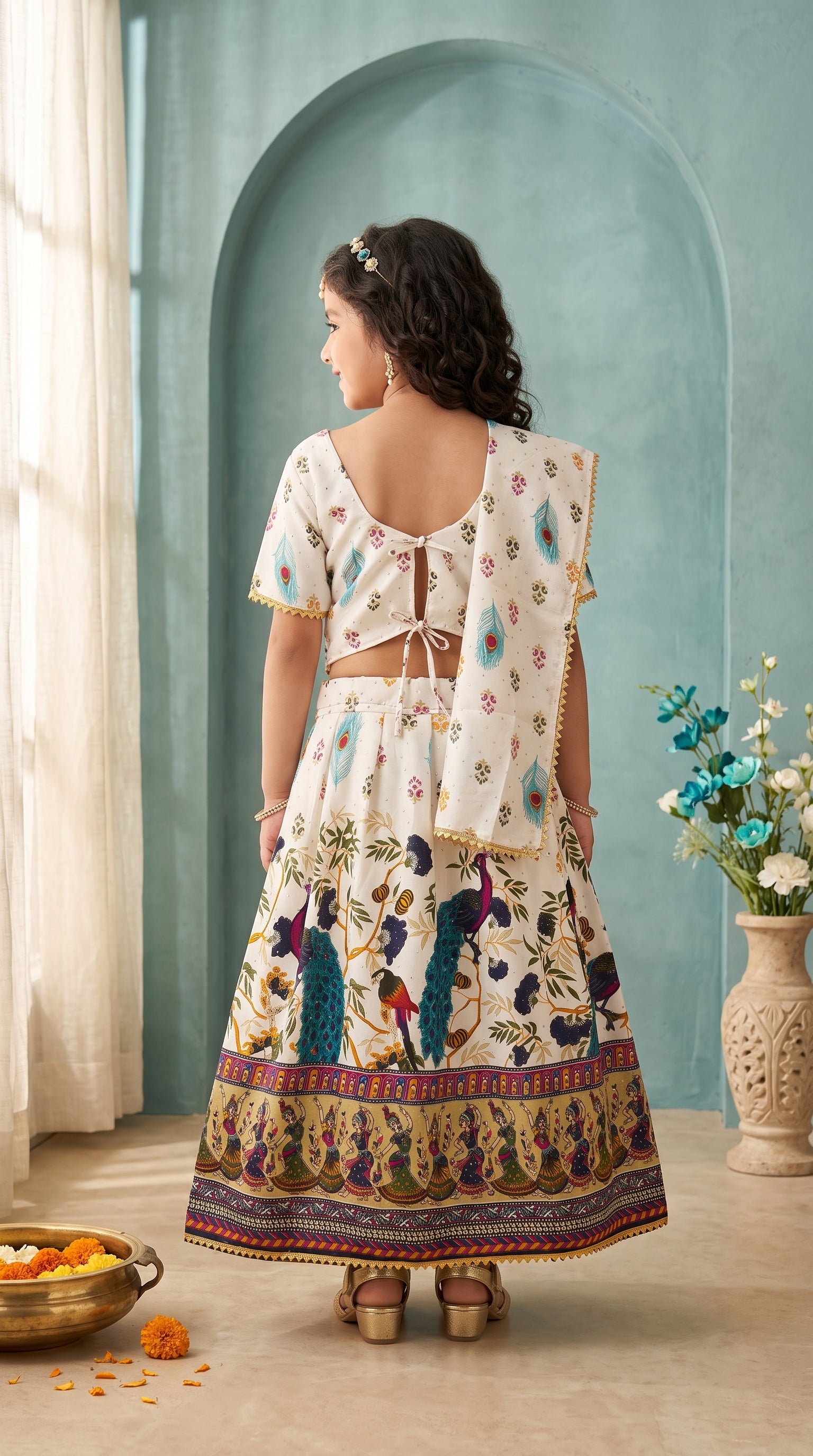 Ahhaaaa Girls' Peacock Kalamkari Print Chaniya Choli | Festive Lehenga Blouse & Draped Dupatta 3-Piece Set