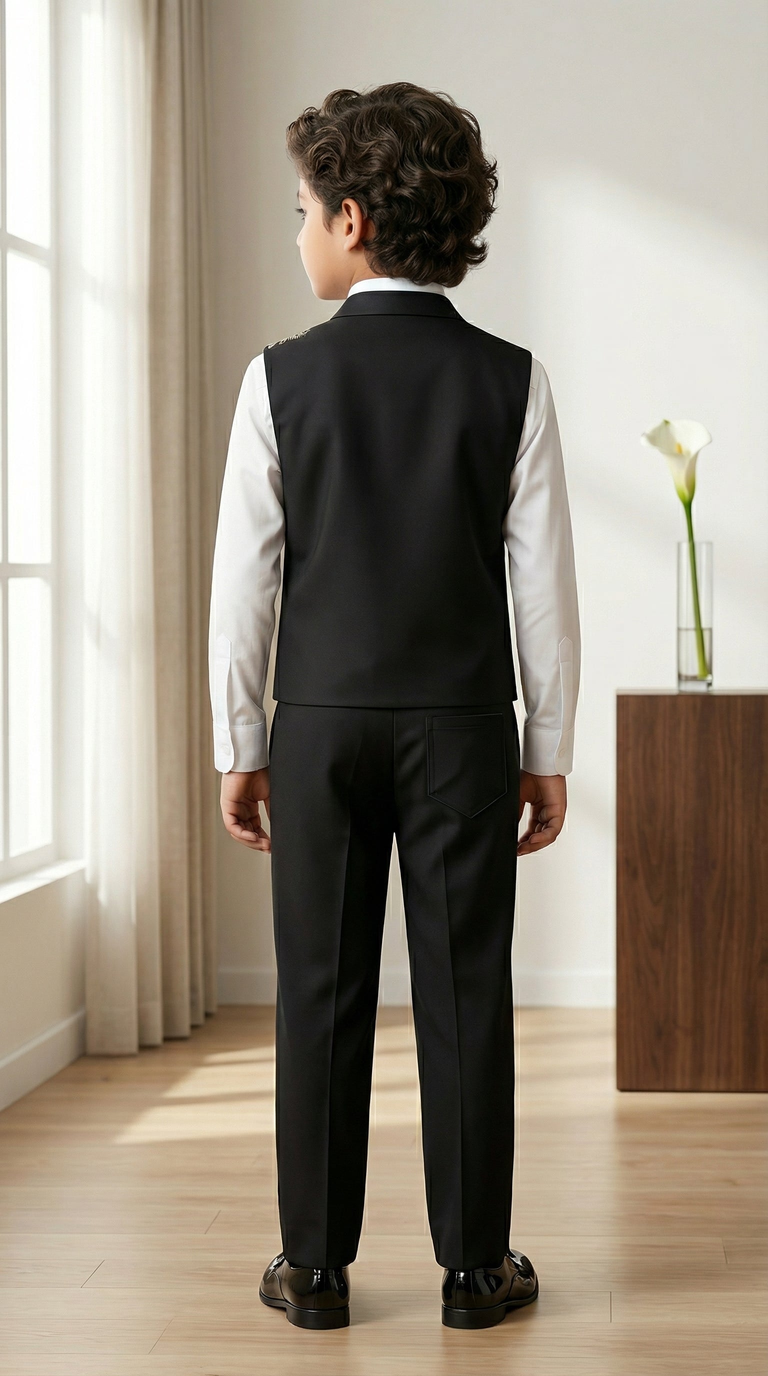 Ahhaaaa Boys' Black Party Wear Tuxedo Suit | Waistcoat, White Shirt & Pant Set