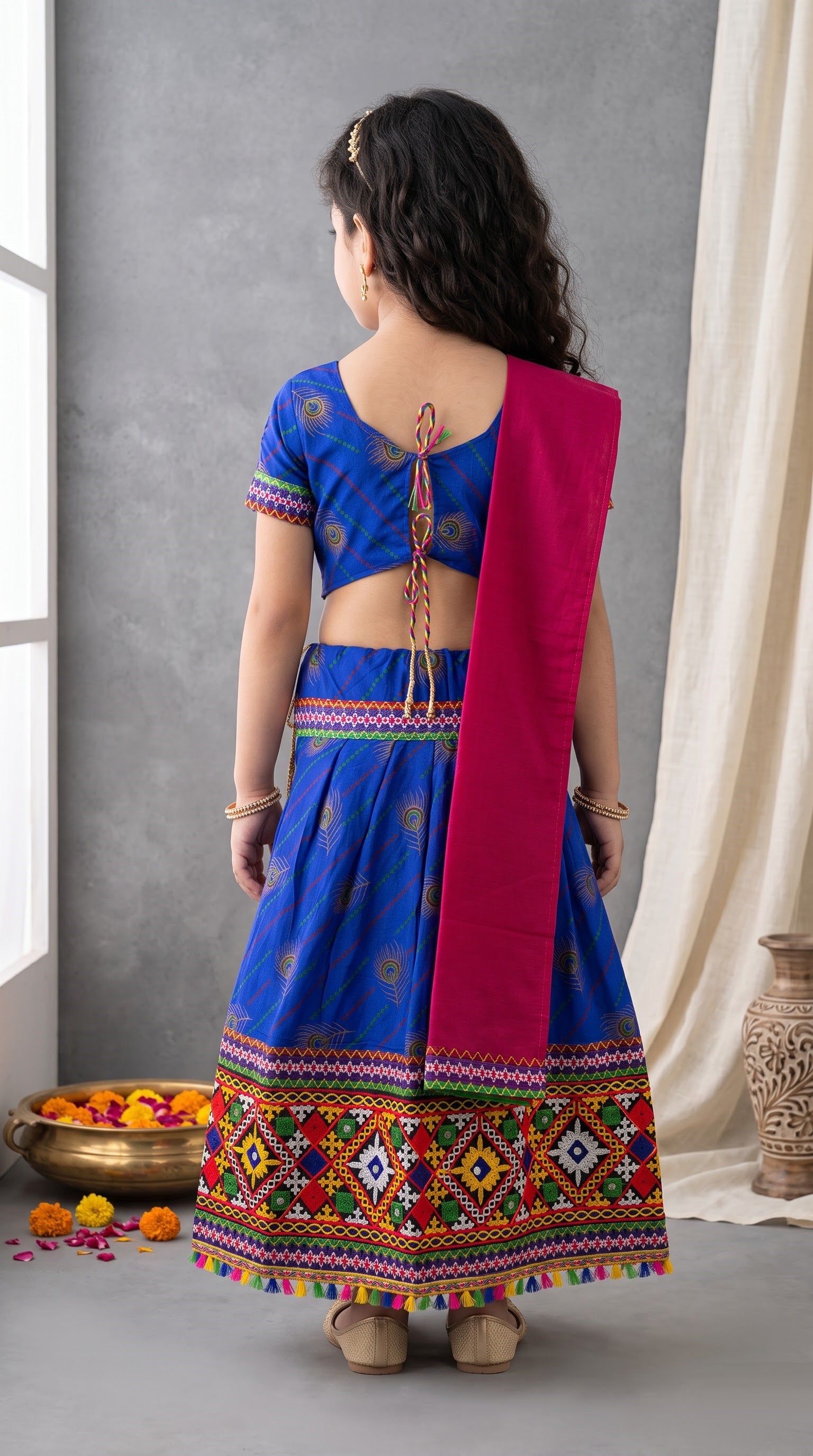 Ahhaaaa Girls 3-Piece Peacock Motif Mirror Work Lehenga Choli Set (Blue, Orange, Pink, Red, Yellow)