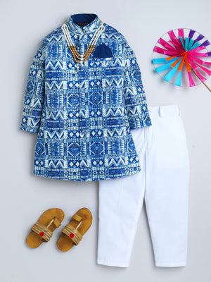 Ahhaaaa Boys' Cotton Geometric Print Jodhpuri Bandhgala Suit Set | Kids Indo-Western Ethnic Wear for Festive & Wedding Season Blue