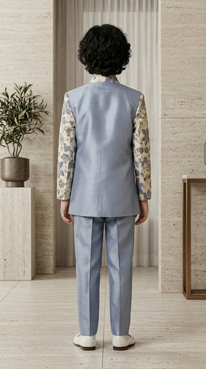Ahhaaaa Boys 3-Piece Floral Zari Jacket, Sleeveless Kurta & Trouser Set - Blue, Pink, Turquoise
