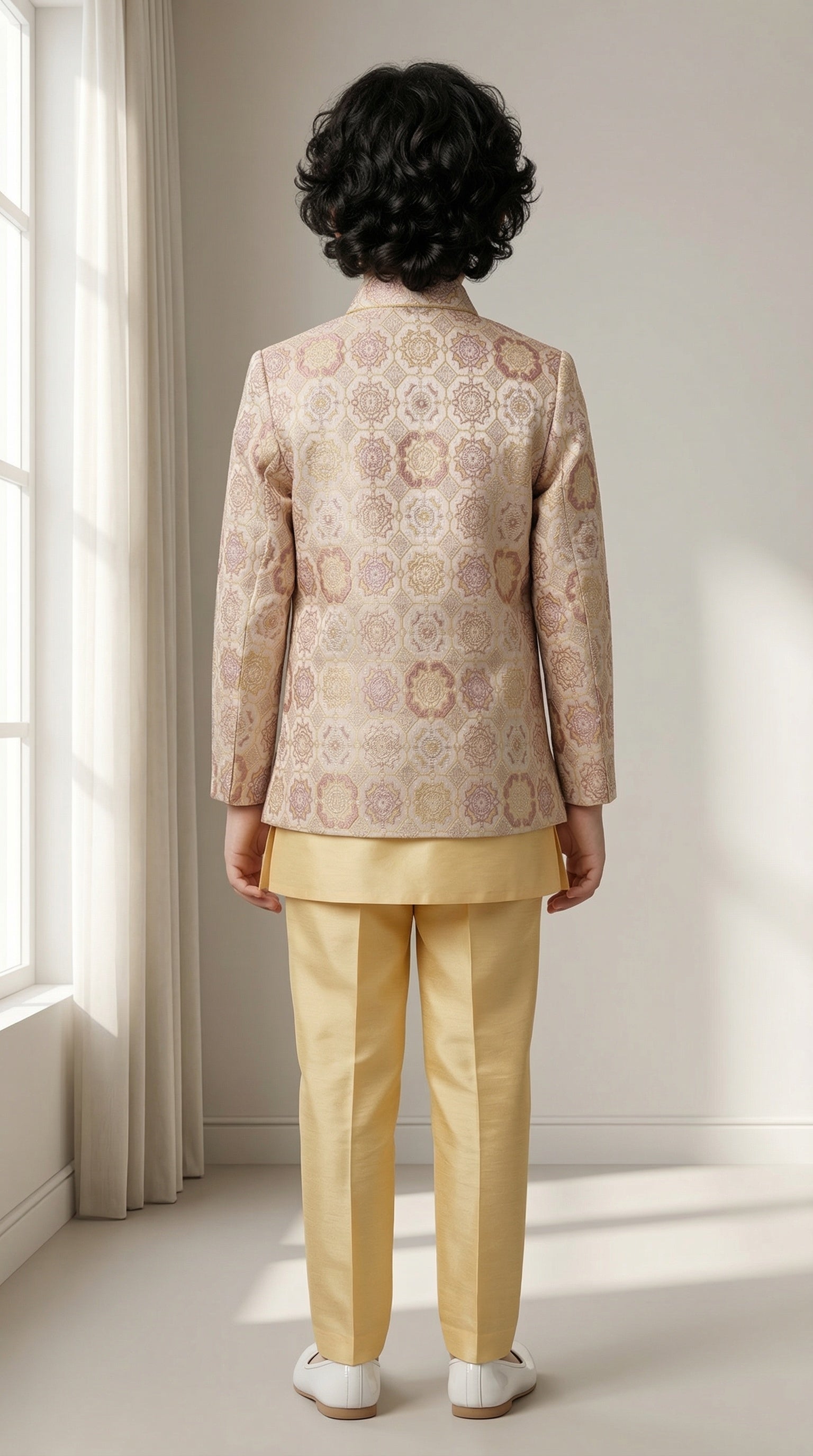 Ahhaaaa Boys' Royal Ethnic Printed Blazer with Sleeveless Kurta, Trouser & Maala Set (2-10 Years)
