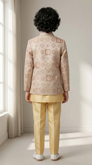 Ahhaaaa Boys' Royal Ethnic Printed Blazer with Sleeveless Kurta, Trouser & Maala Set (2-10 Years)