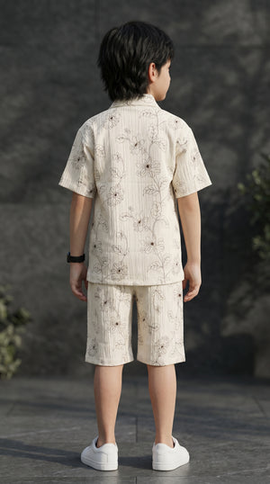 Ahhaaaa Boys 2-Piece Botanical Line-Art Co-ord Set - Shirt & Shorts (Green, Grey, Purple)