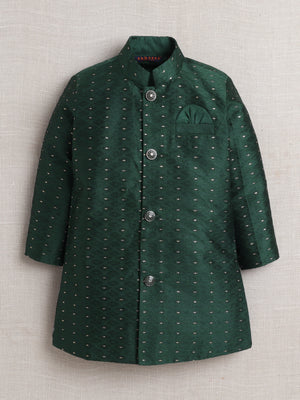 Ahhaaaa Woven Self-Design Boys Sherwani in Bottle Green | Kids Kurta Pajama Set with Mala for Festive Party